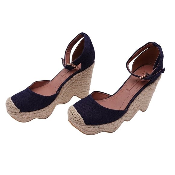 NWOB BCBGMAXAZRIA Abell Espadrille Sandal Sz 38.5 Blue Denim Wedge Ankle Strap - Picture 2 of 14